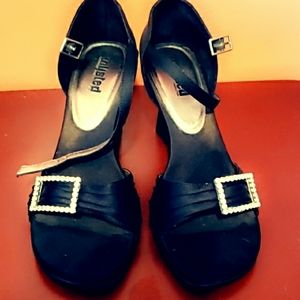 Low black open toe heels